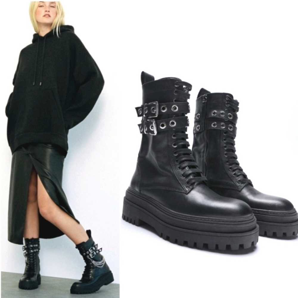 NWT Zara Low Heel Leather Combat Boots Bloggers Favorite